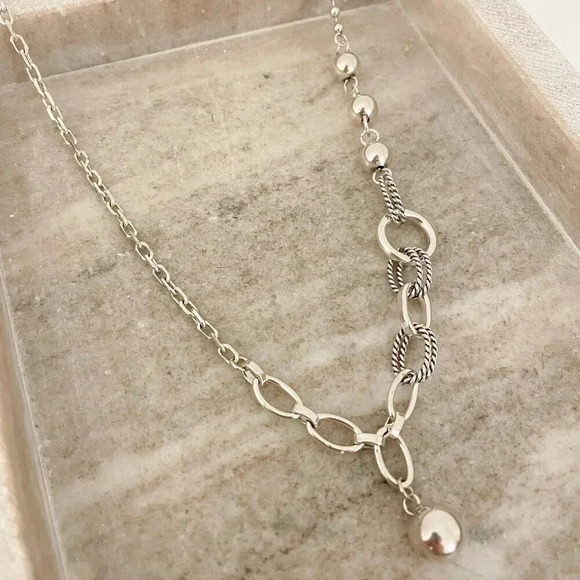 925 Sterling Silver Chain Link Ball Necklace Modern Asymmetric Bead Necklace - Picture 1 of 7